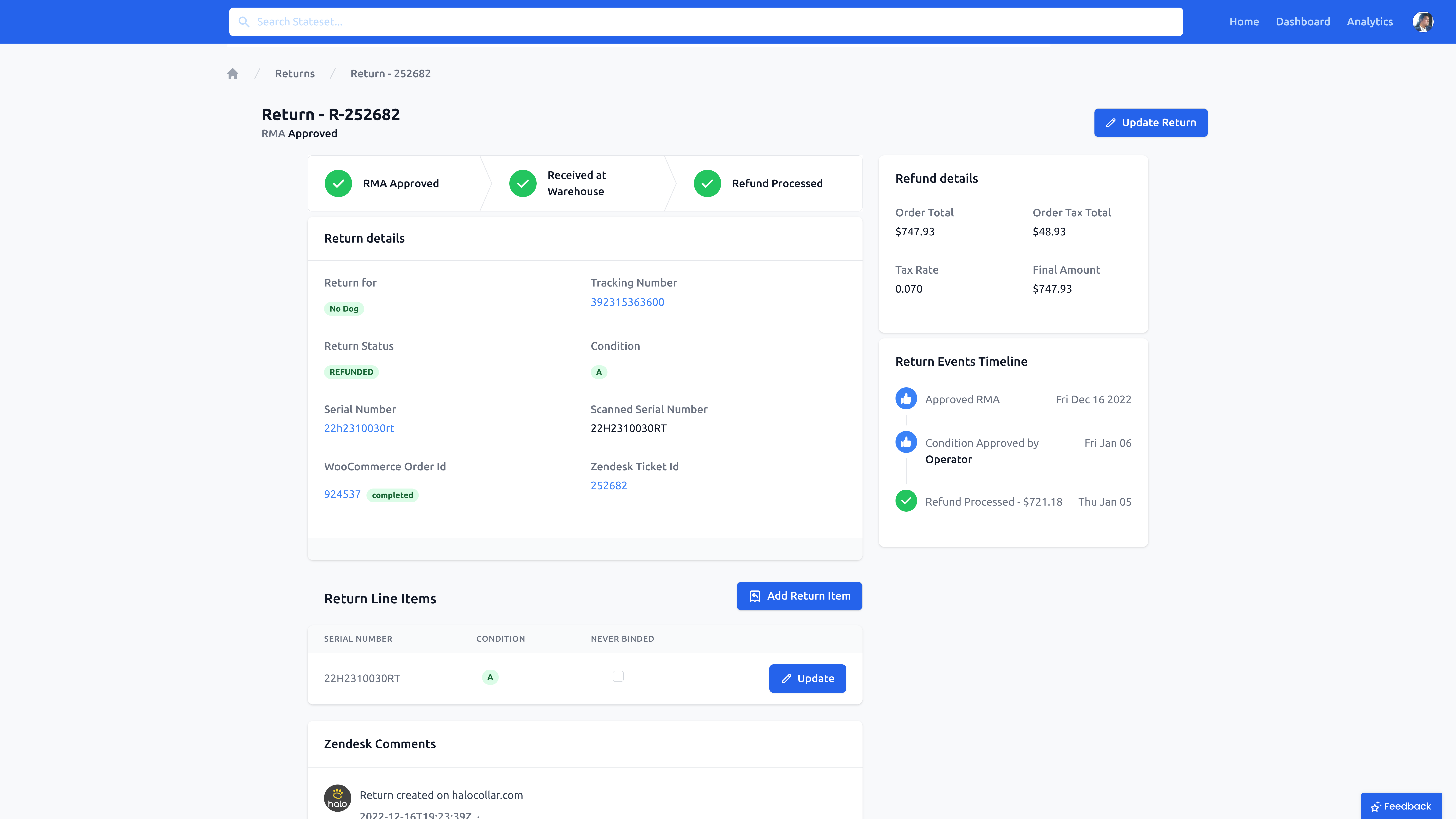 StateSet iCommerce Engine returns management interface showing RMA processing, return tracking, and refund status